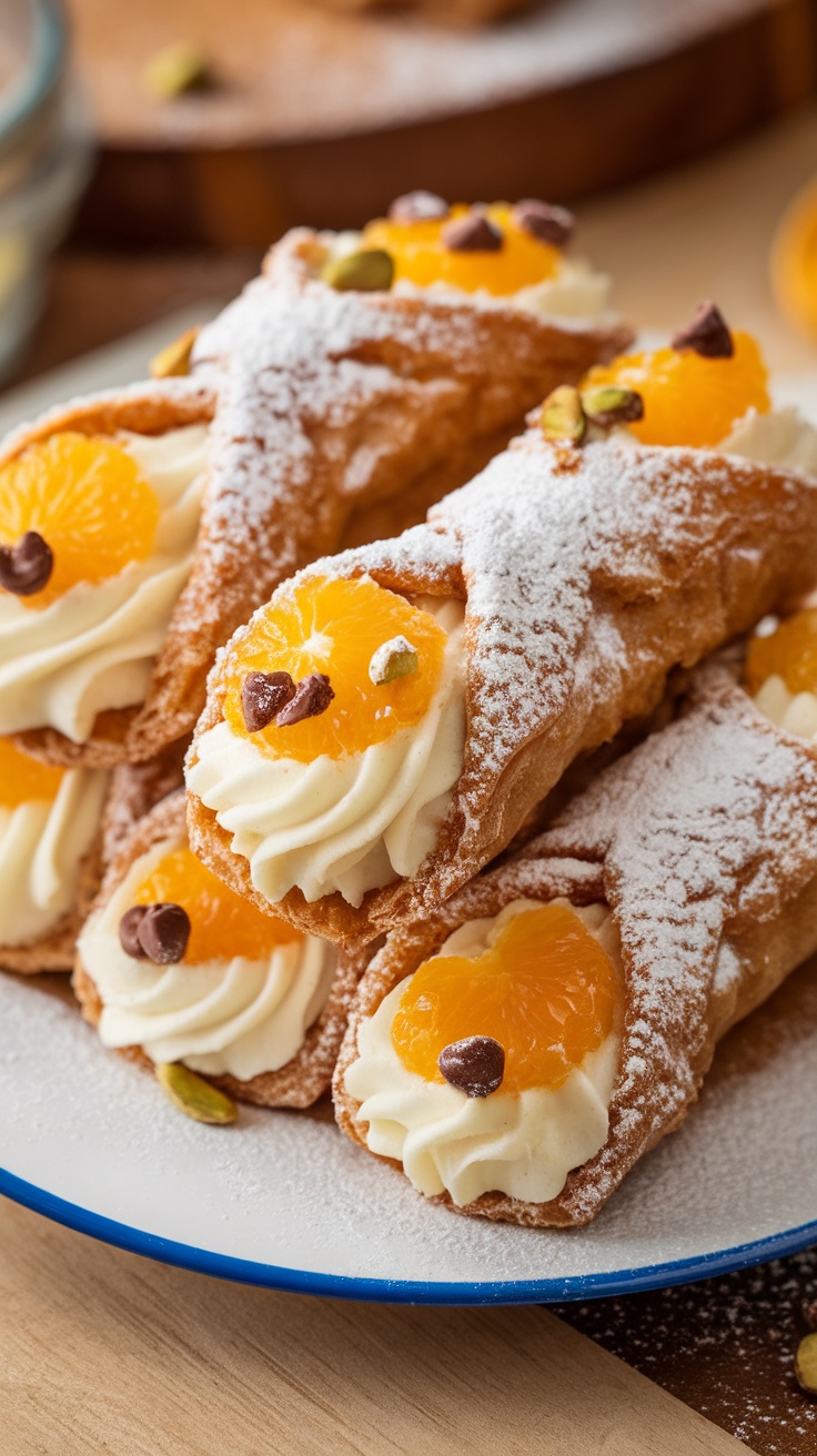 Sicilian cannoli filled with ricotta and topped with candied orange, garnished with chocolate chips on a decorative plate.